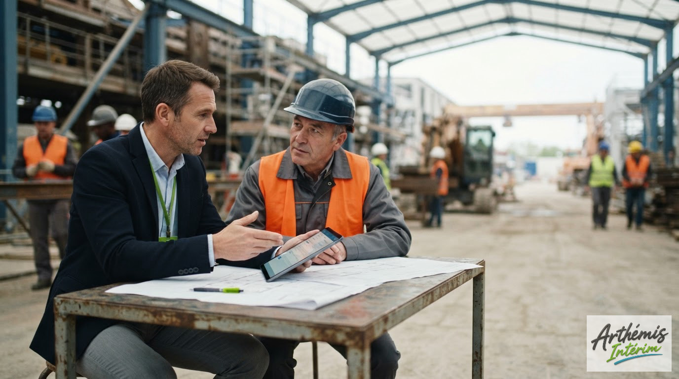 Un professionnel en réunion sur un site industriel français.