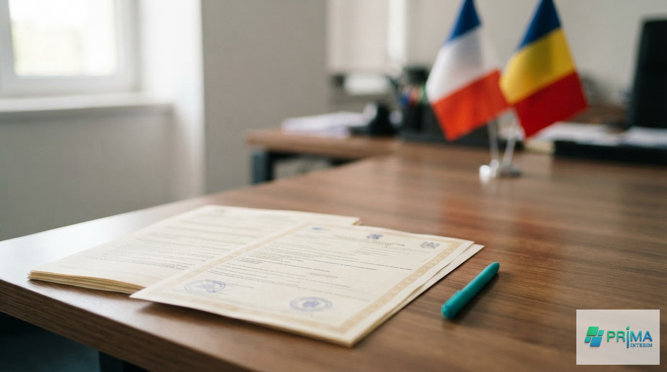 Formulaire A1 et attestation d'assurance devant des drapeaux français et roumain.