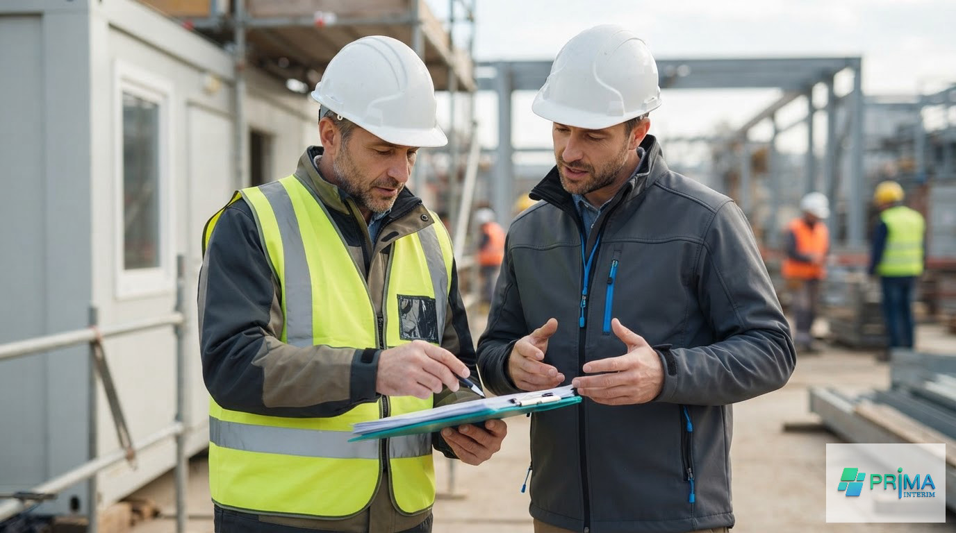Inspecteur du travail vérifiant des documents de conformité avec un chef de chantier.