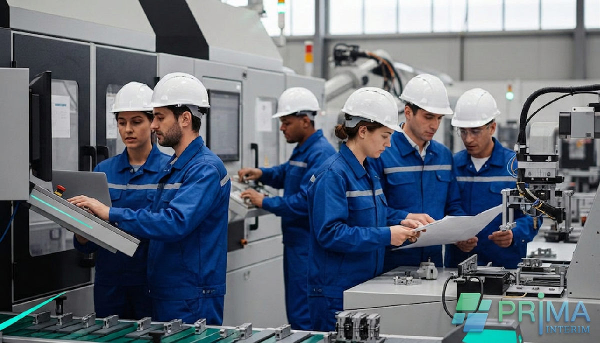 Travailleurs français et roumains collaborent dans une usine.