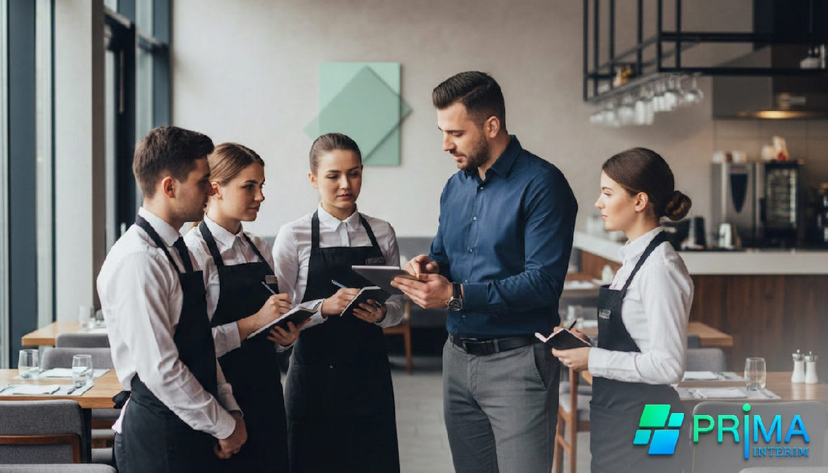 Gérant de restaurant avec son équipe de serveurs roumains.