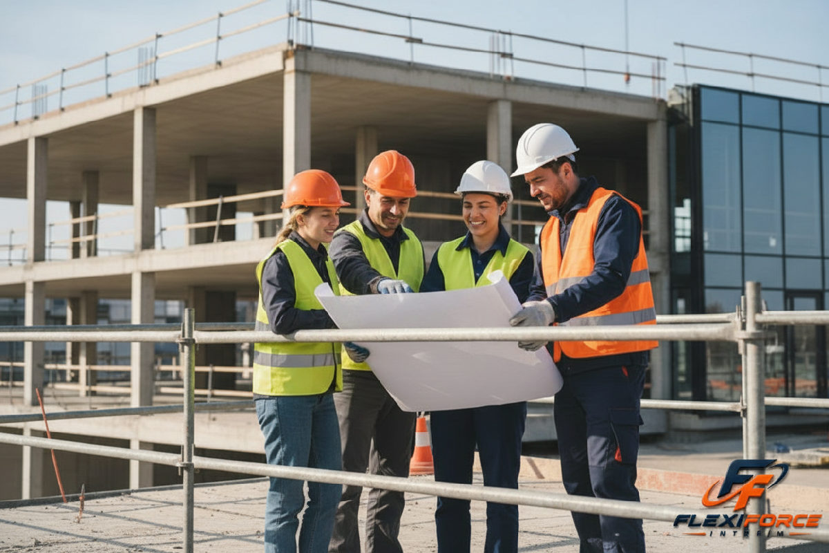 Ouvriers roumains et français travaillant ensemble sur un chantier.