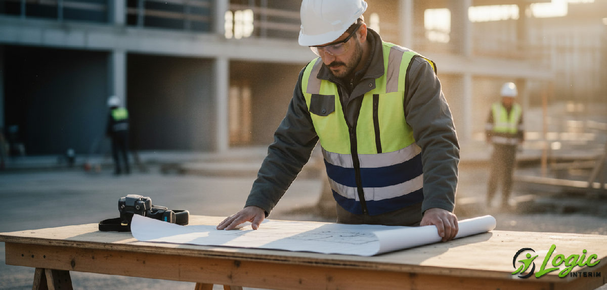 Ouvrier roumain qualifié sur un chantier français, équipé de sécurité.