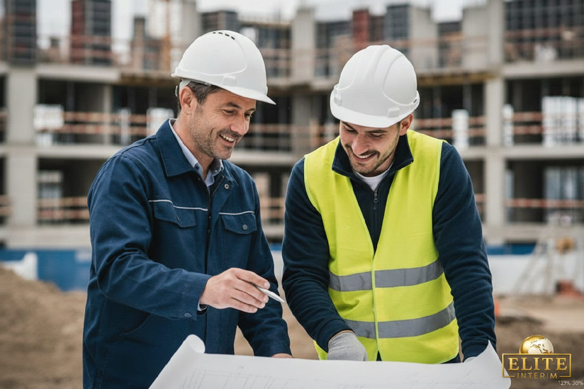 Chef de chantier français et ouvrier roumain discutent des plans.