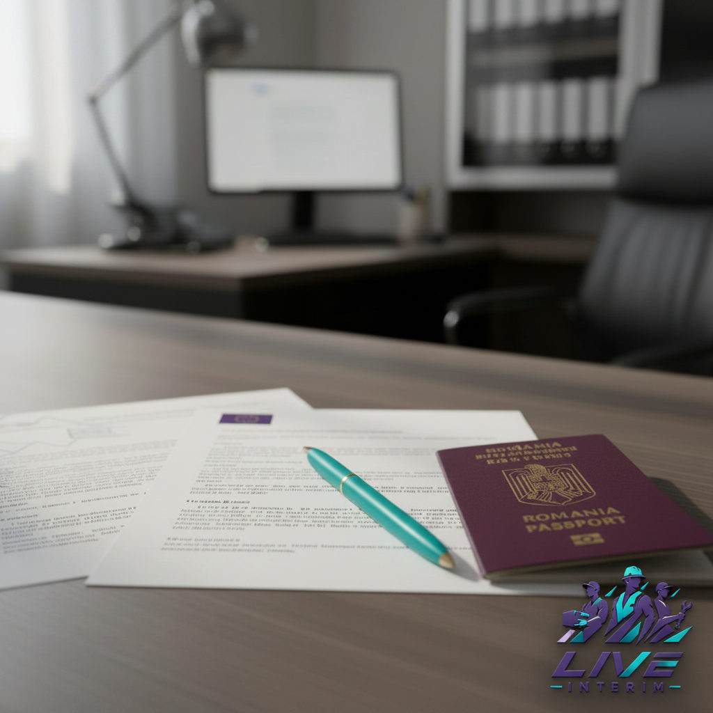 Documents de détachement européen et passeport roumain dans un bureau.