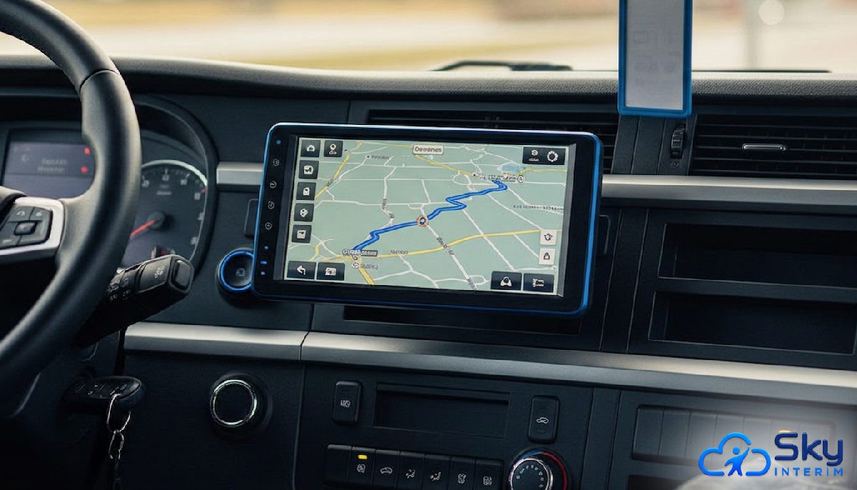 Tableau de bord de camion avec GPS traçant un itinéraire Europe.
