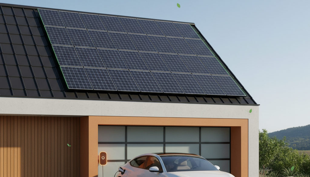 Získejte doplňující příjem nebo využívejte pro vlastní elektroauto - Moderní dům s fotovoltaikou a nabíjeným elektromobilem.