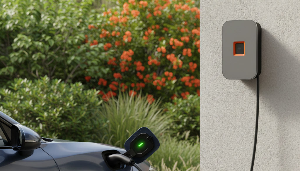 Detail wallboxu nabíjejícího elektromobil v zahradě.