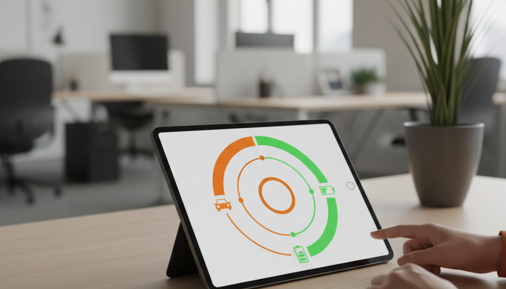 Tablet ukazuje toky energie z FVE a do elektroauta.