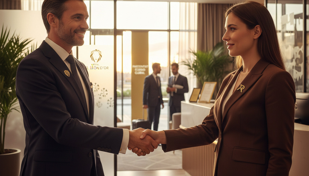 Poignée de main entre un hôtelier français et un recruteur international.