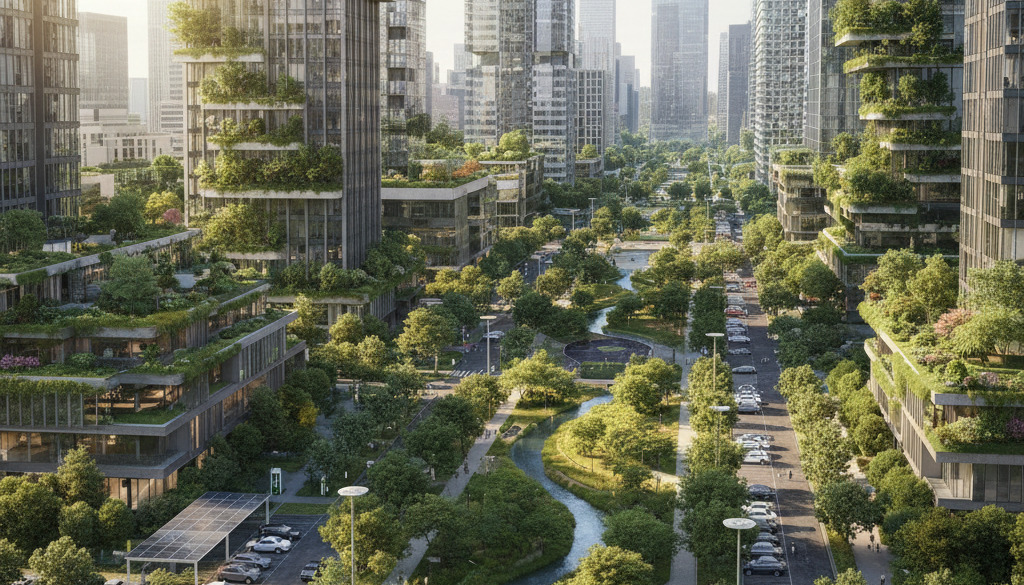Automobile hibride parcate în peisaj urban sustenabil.