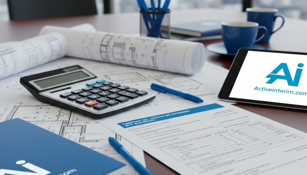Plans, calculatrice et contrat de leasing BTP à la base du projet.