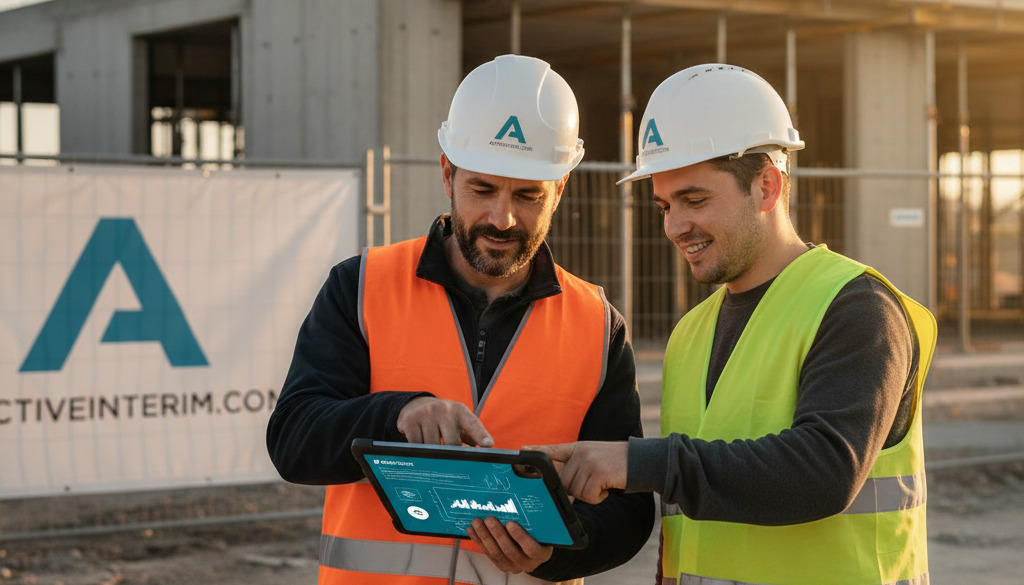 Chef de chantier français et ouvrier roumain communiquant sur tablette.