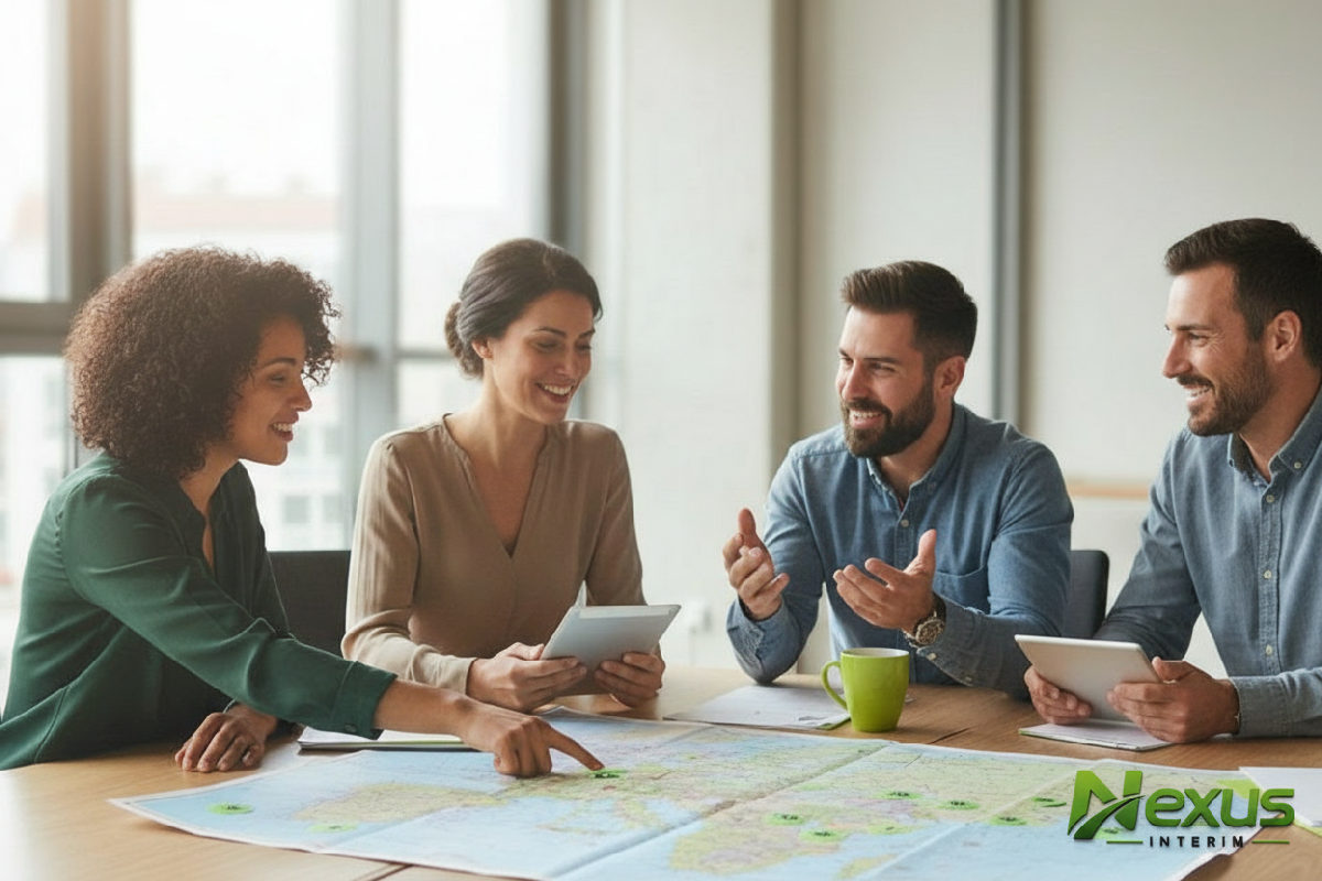 Travailleurs internationaux collaborant autour d'un plan de travail.