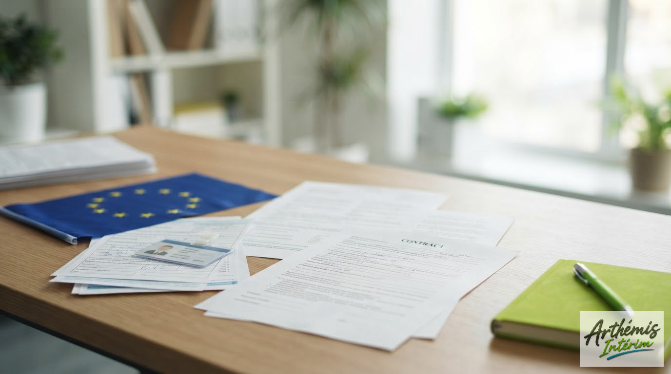 Documents administratifs et drapeau européen sur un bureau de chantier.