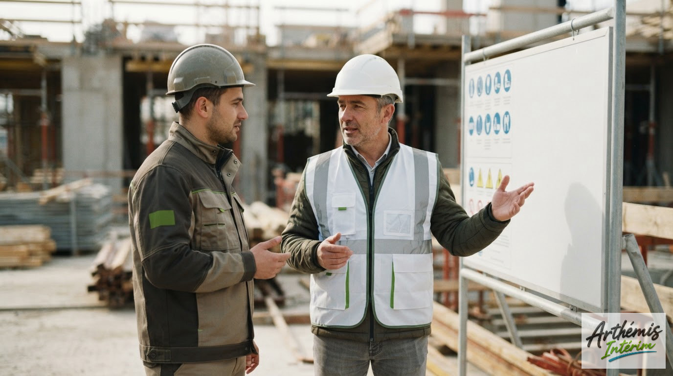 Chef de chantier et ouvrier roumain discutant devant un panneau de sécurité.