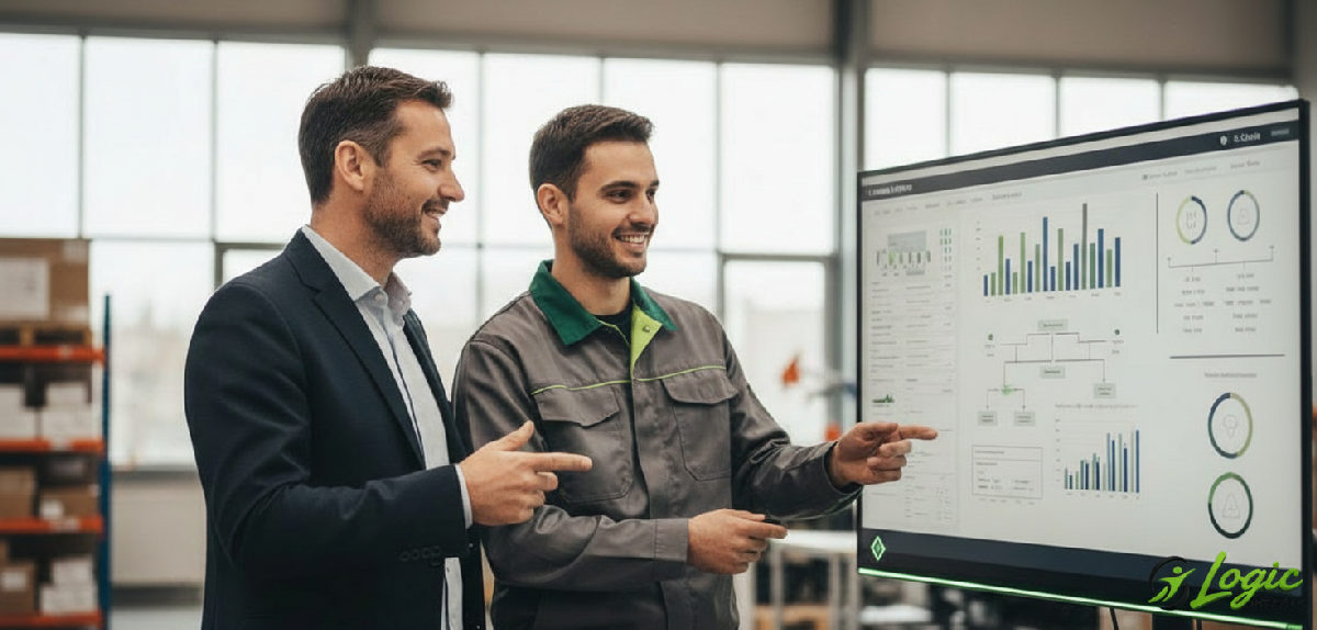 Manager et chef d'équipe discutent devant un tableau de bord.
