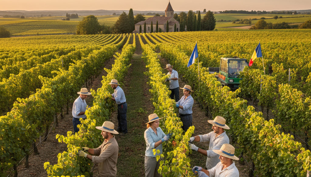 recrutement personnel agricole roumain – Travailleurs agricoles roumains dans des vignes en France.