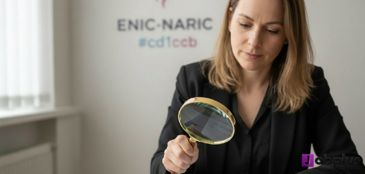Recruteur vérifiant CV et diplôme avec logo ENIC-NARIC.