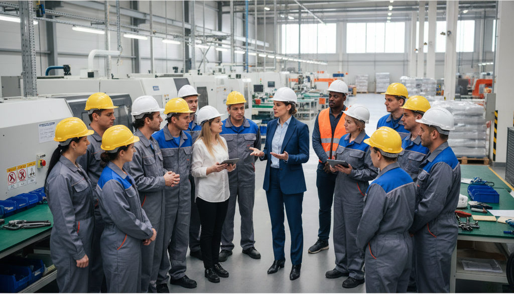 Équipe diversifiée en réunion sur un site de production en Roumanie.