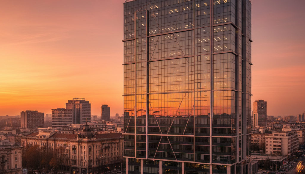 Bâtiment de bureaux moderne à Bucarest au coucher du soleil.