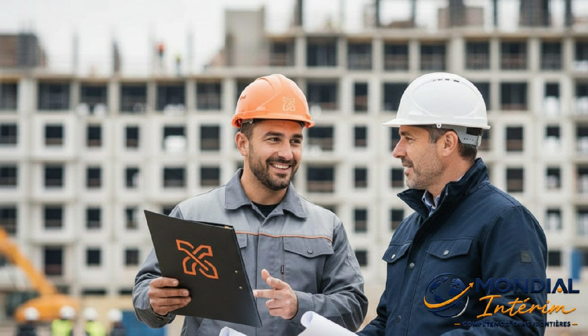 Ouvrier roumain qualifié échangeant avec un chef de chantier français.