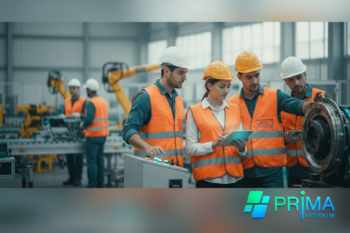 Équipe diversifiée en uniforme dans une usine moderne, recrutement réussi.
