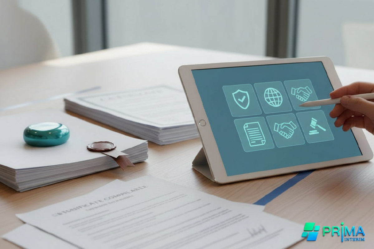 Documents administratifs et tablette affichant conformité pour recrutement international.