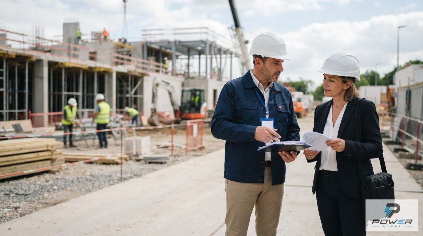 Un chef d'entreprise et un contrôleur URSSAF discutent sereinement sur un chantier.