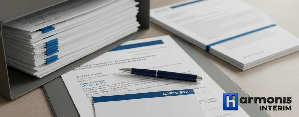 Dossier administratif avec documents de détachement et carte BTP.