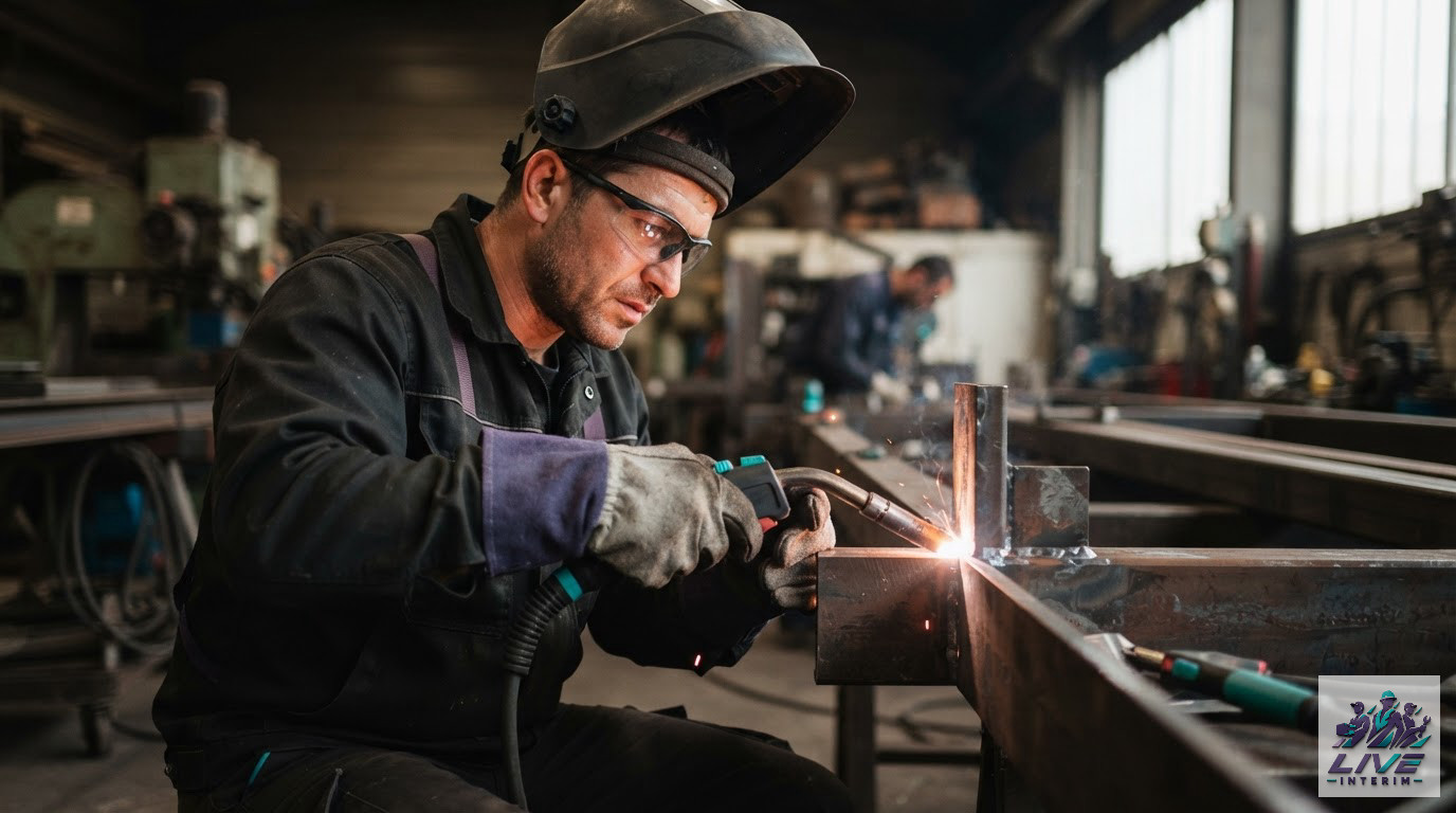Ouvrier spécialisé effectuant une soudure industrielle de précision sur un chantier.