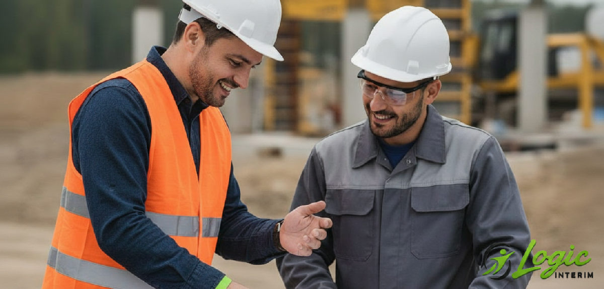 Chef de chantier expliquant des plans à un travailleur roumain.