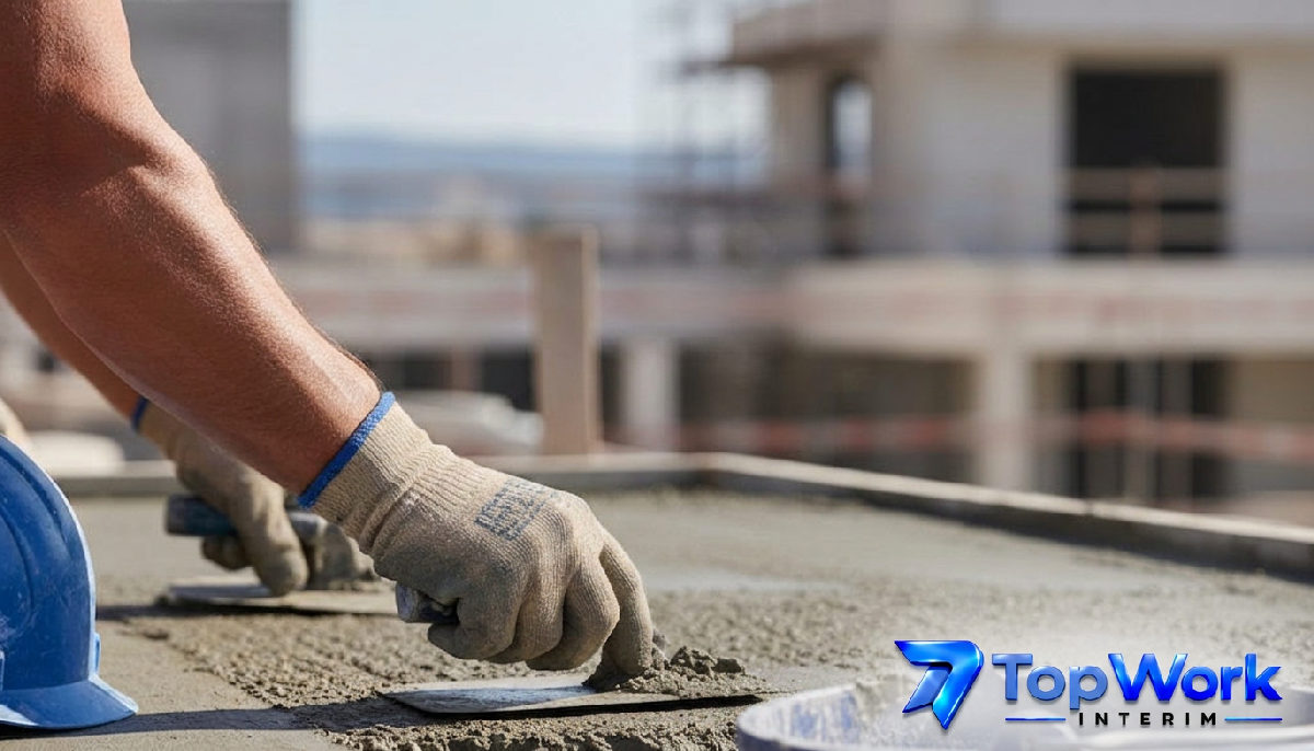 Mains de maçon travaillant le ciment sur un chantier niçois.