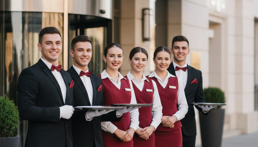 Personnel d'hôtel roumain souriant devant un établissement de luxe.