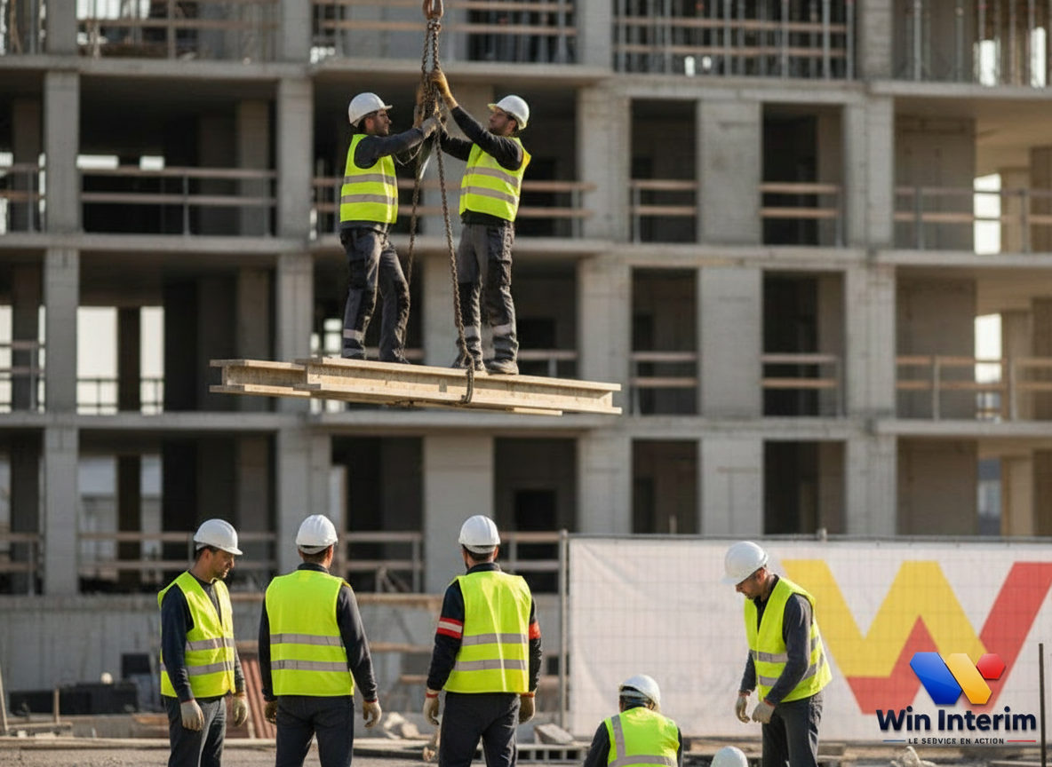 Ouvriers qualifiés sur un chantier en France avec logo Win Interim.
