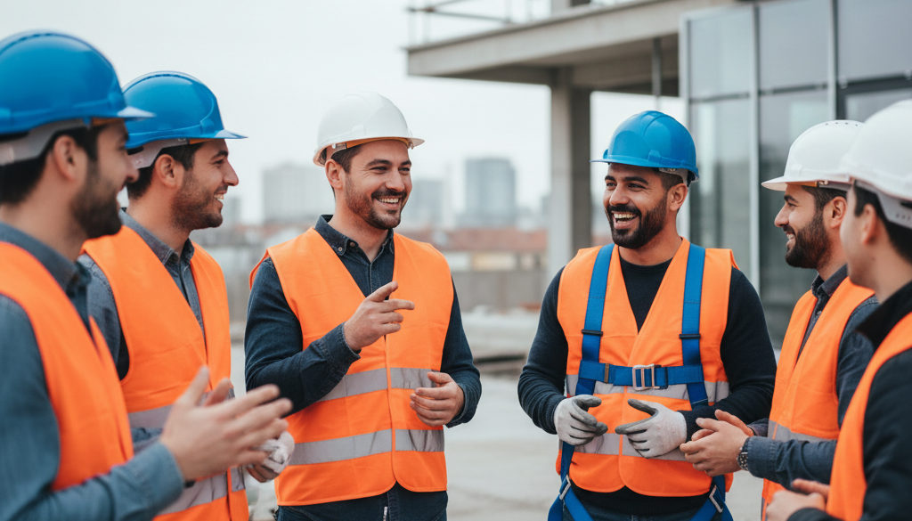 Travailleurs roumains et français interagissant sur un chantier de construction.