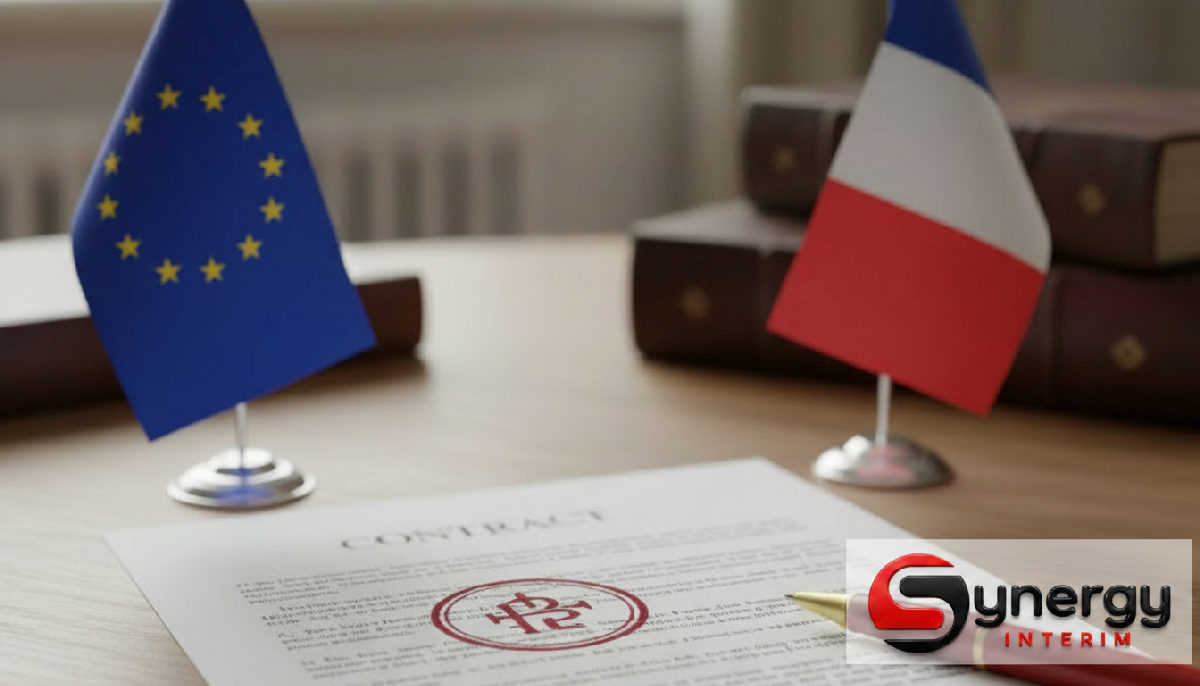 Détachement ou intérim : quel cadre juridique ? 2 Tampon 'Approuvé' sur contrat juridique avec drapeaux européen et français.