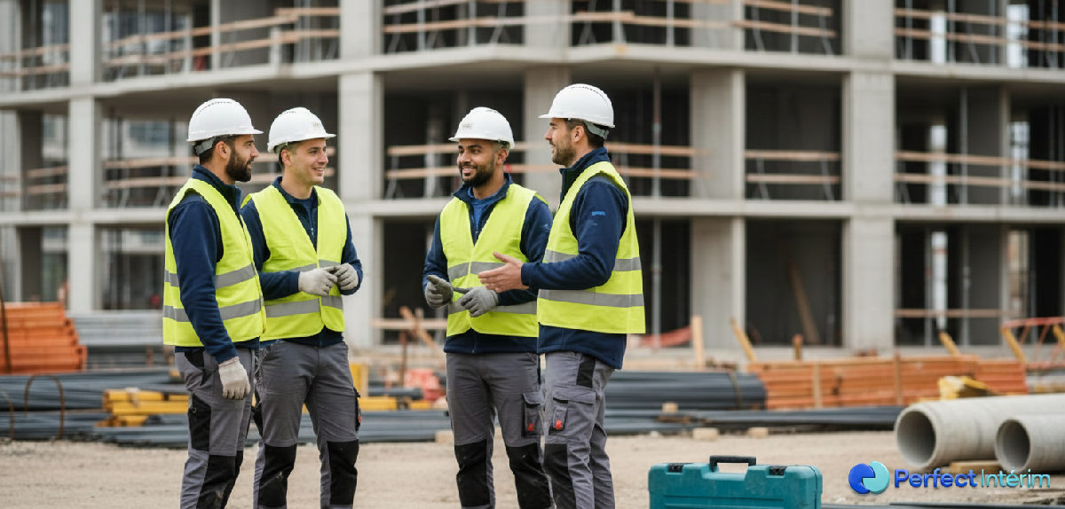 comment intégrer intérimaires roumains en entreprise - Équipe multiculturelle discutant sur un chantier de construction.