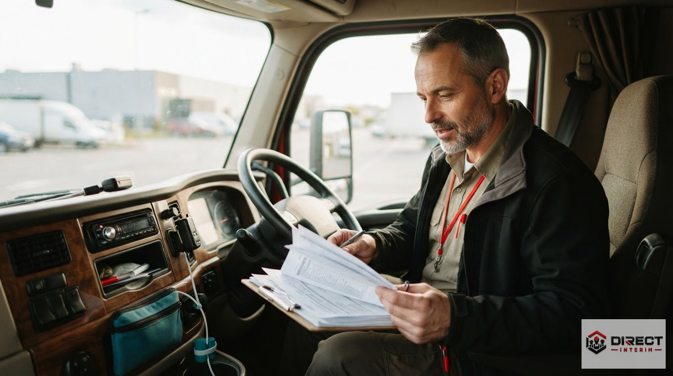 Un chauffeur de camion vérifiant ses documents administratifs dans sa cabine.