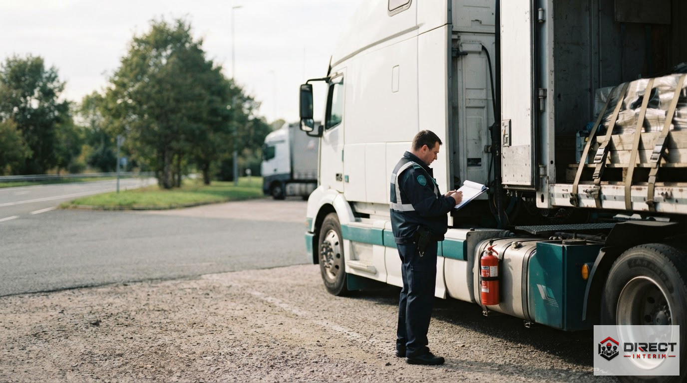 Un agent de contrôle inspectant un camion sur une aire de repos.