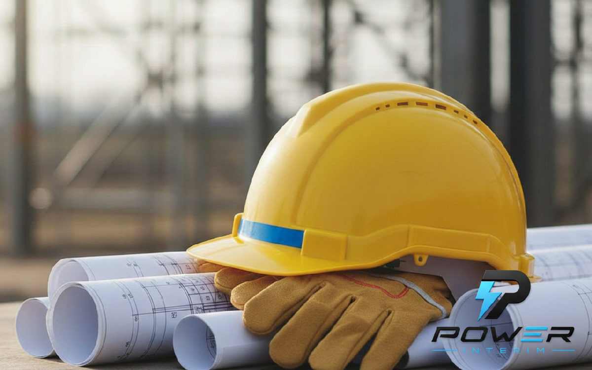 Casque et gants de sécurité sur plans de chantier.