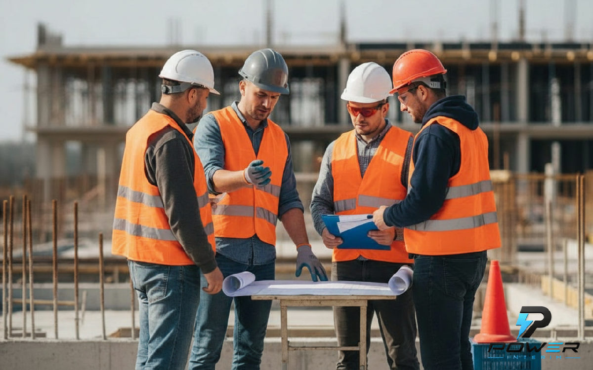 Réunion de sécurité sur chantier BTP avec ouvriers roumains.