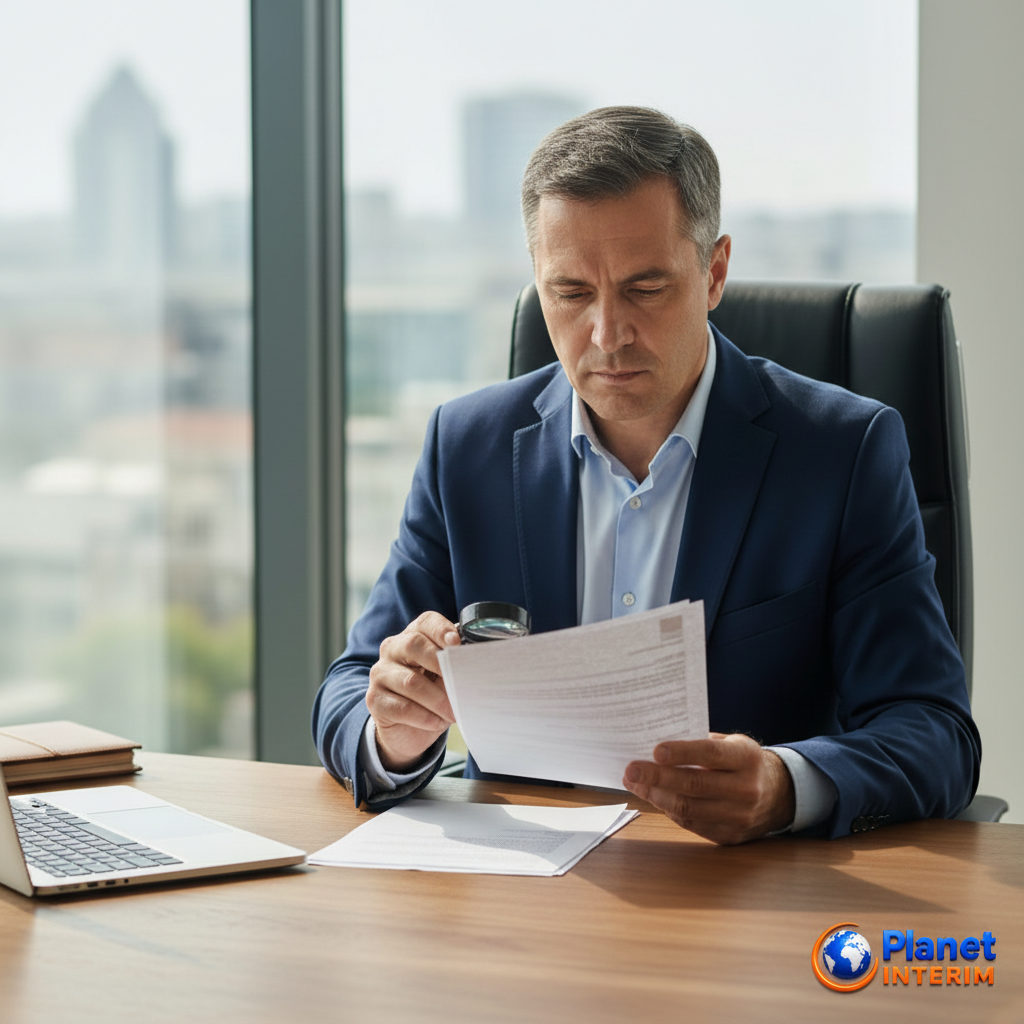 comment vérifier agence intérim roumanie - Un homme examine des documents pour vérifier une agence d'intérim roumaine.