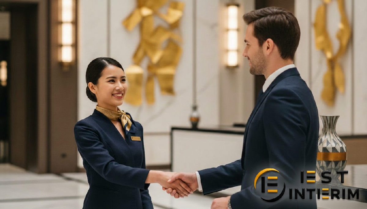 Réceptionniste souriante accueillant un client dans un hôtel de luxe.