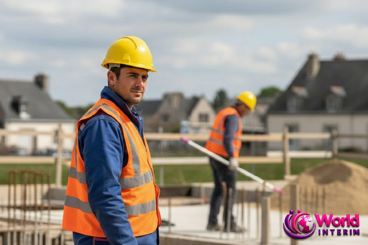 Ouvrier roumain en EPI sur un chantier de construction français.