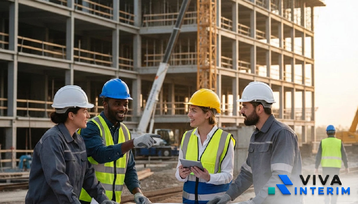 Équipe de construction diverse collaborant sur un chantier.
