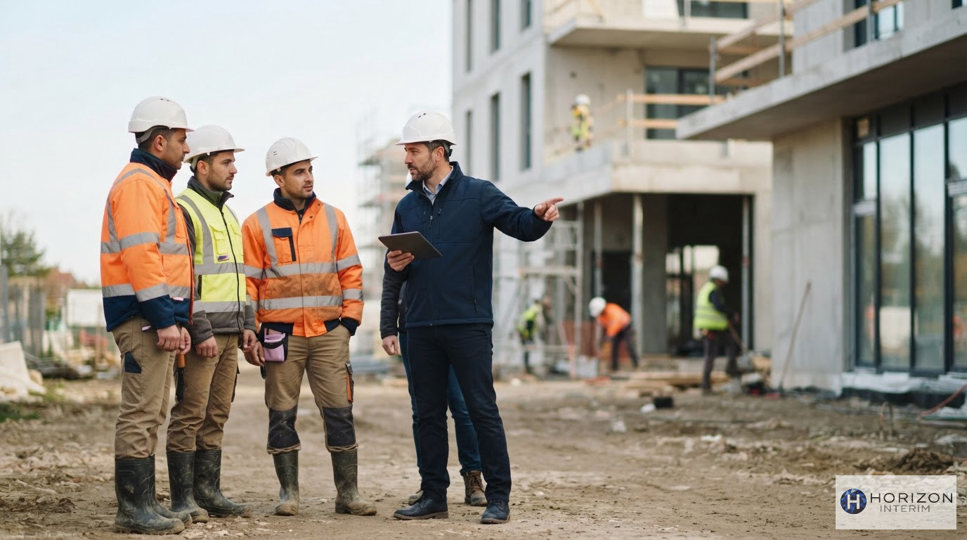 Travailleurs roumains échangeant avec un chef de chantier devant un bâtiment moderne.