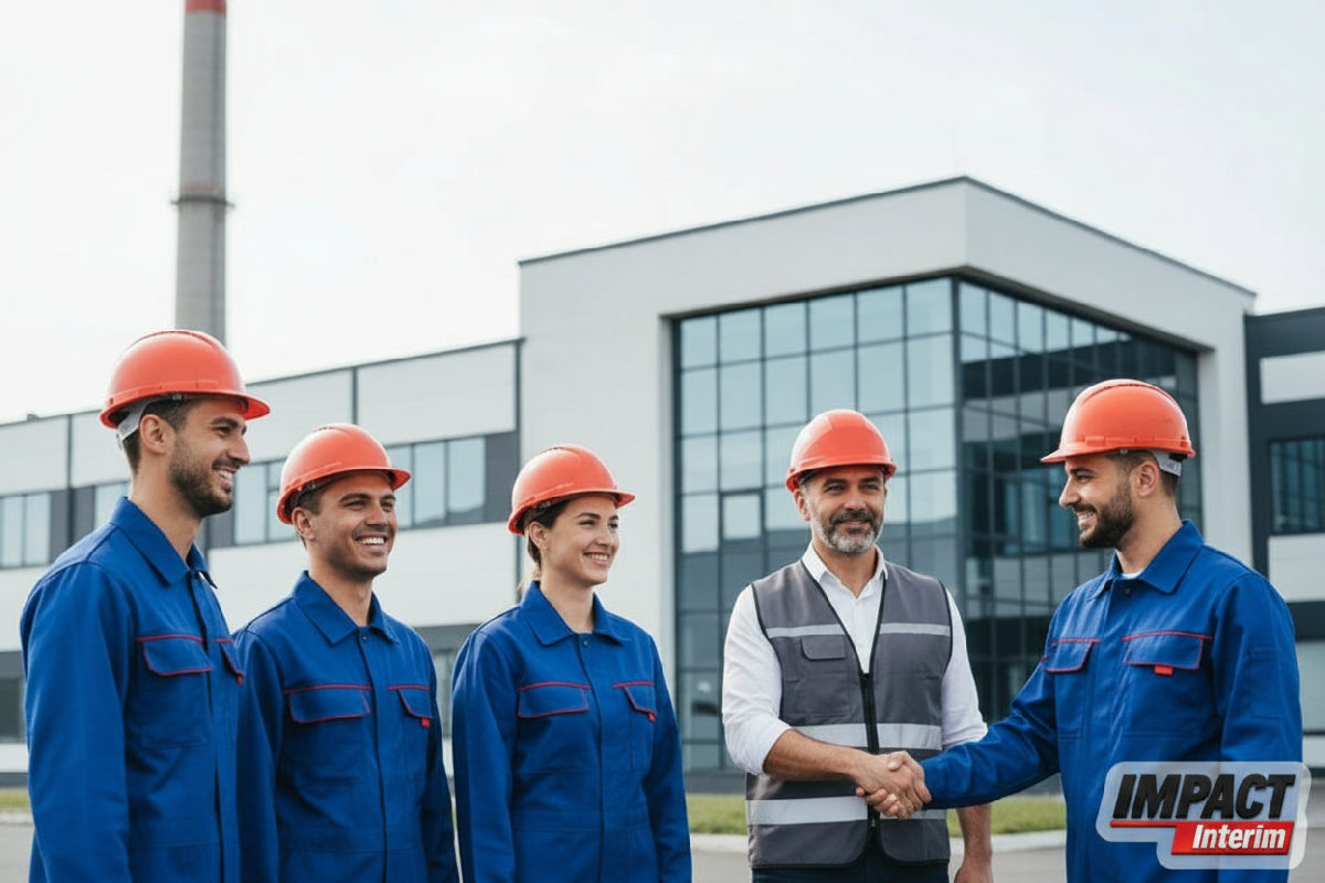 Techniciens roumains et chef de chantier français célèbrent l'intégration réussie.