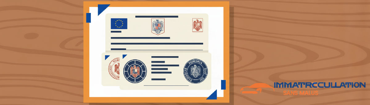 Documents officiels d'immatriculation roumaine et européenne sur un bureau en bois.