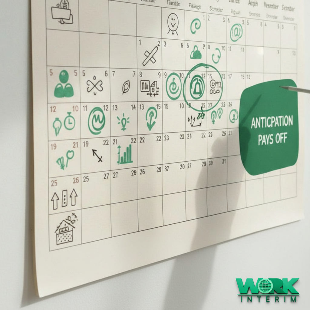 Calendrier de recrutement saisonnier annoté, montrant l'importance de l'anticipation.
